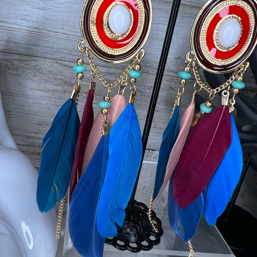 NWT shades of blues & pinks boho feather earrings. - Picture 6 of 6